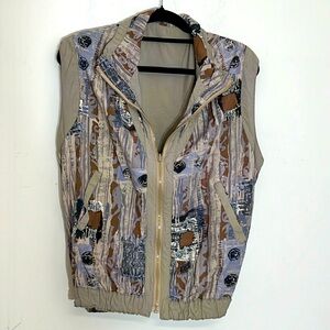 🌞 Vintage beige zip up track suit vest blue and brown print hand pockets XL
